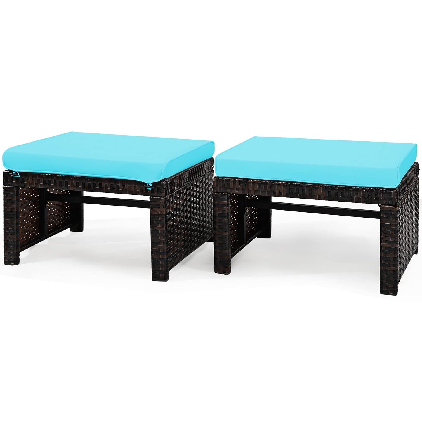 2 Pieces Patio Rattan Ottomans, All Weather Outdoor Footstool Footrest Seat