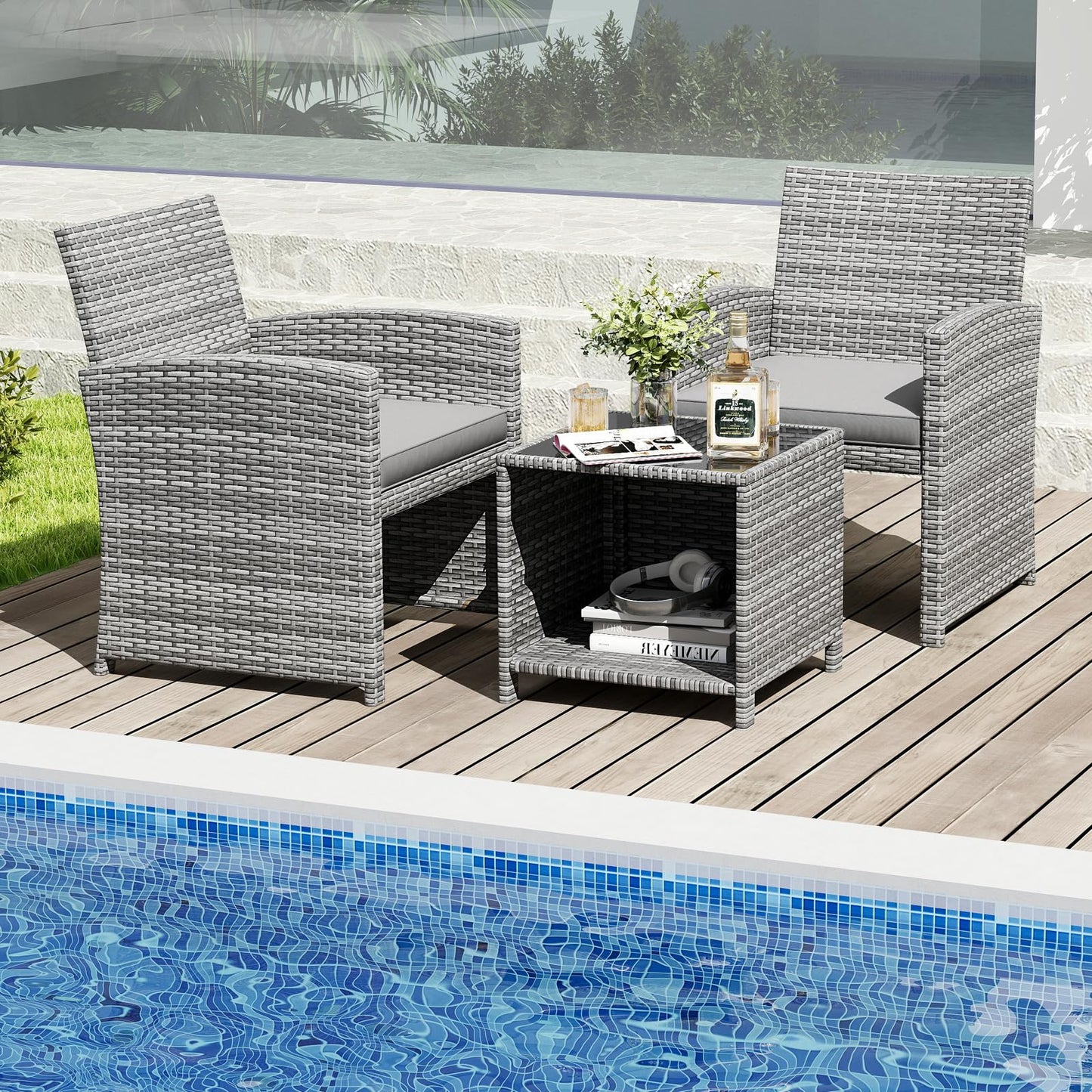 Tangkula 3 Pieces Patio Furniture Set with Tempered Glass Coffee Table
