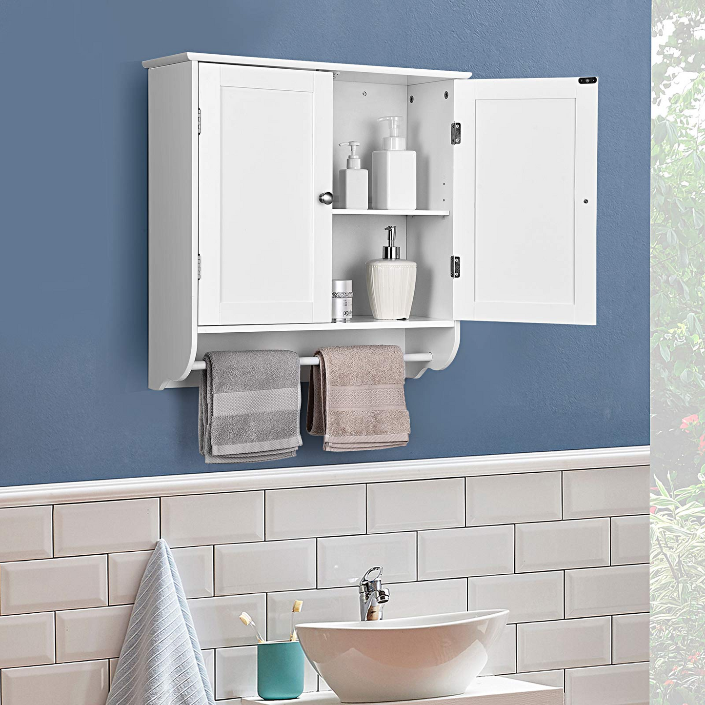 Tangkula Bathroom Cabinet Wall Mounted, Bathroom Medicine Cabinet with Towel Bar & Double Door & Adjustable Shelf