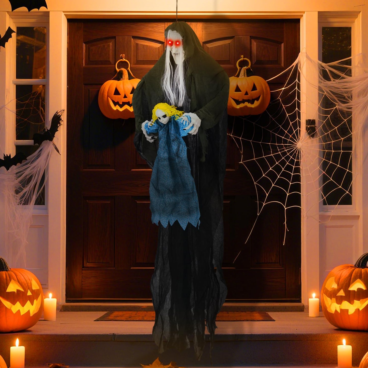Tangkula Hanging Halloween Decoration Sound-Activated Witch Holding Ghost Girl with Spooky Sounds