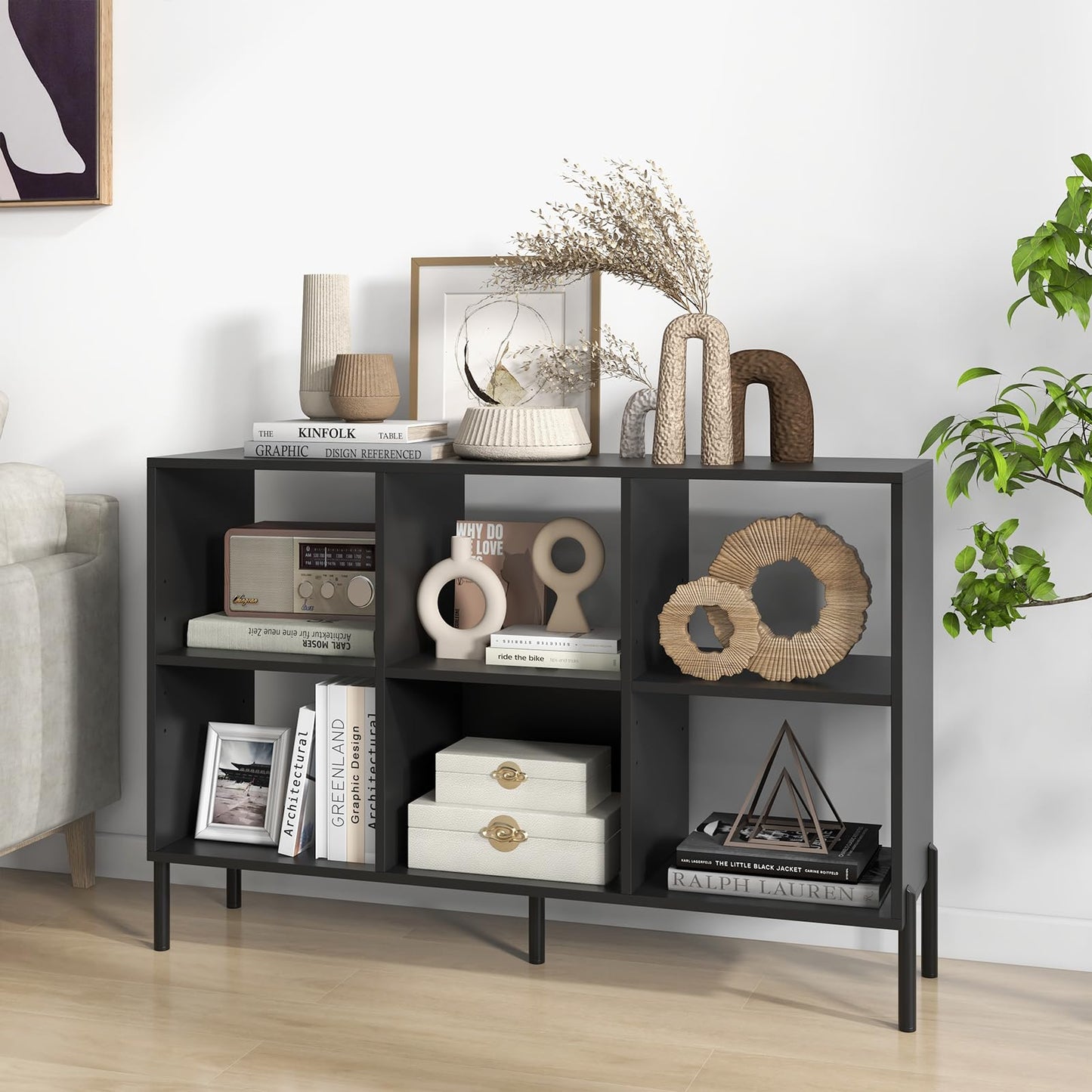 Tangkula 6 Cube Bookshelf, 2-tier Wood Storage Open Bookcase with Elevated Metal Legs, 5-Position Adjustable Shelf