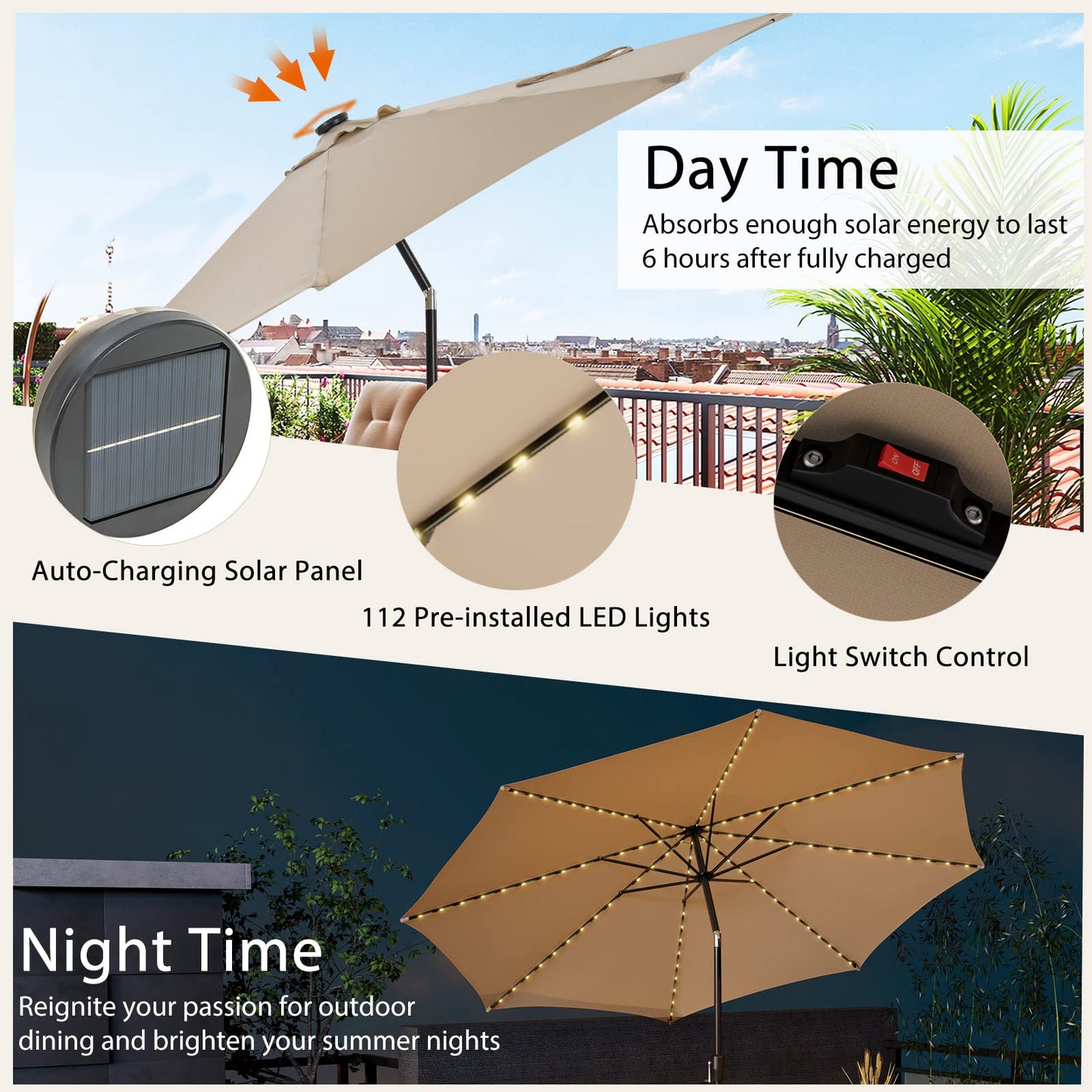 TANGKULA 10FT Solar Umbrella, Patio Umbrella with 112 LED Lights