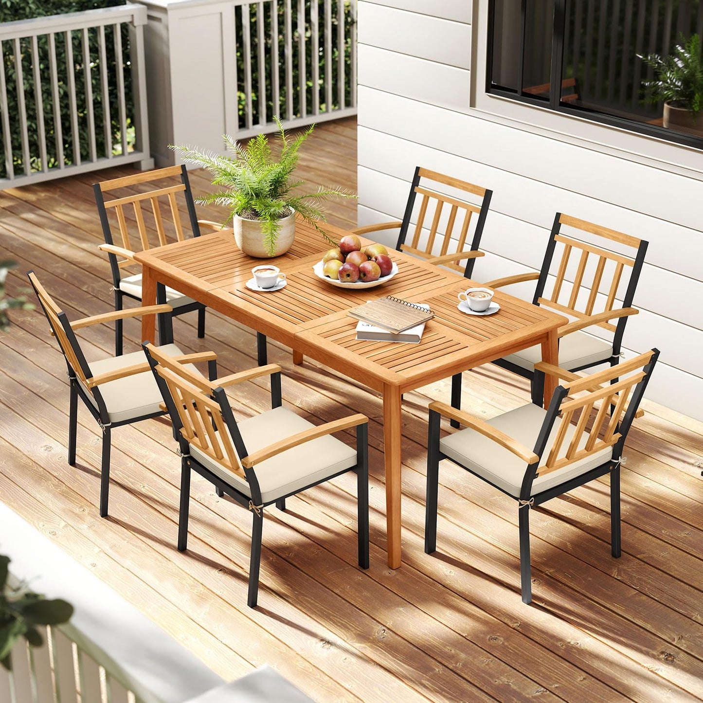 Tangkula Ensemble de 7 pièces de salle à manger d'extérieur en bois avec trou pour parasol