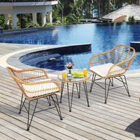 3 Pieces Patio Bistro Set, Rattan Conversation Set with 2 Cushioned Armchairs & Round Glass Coffee Table