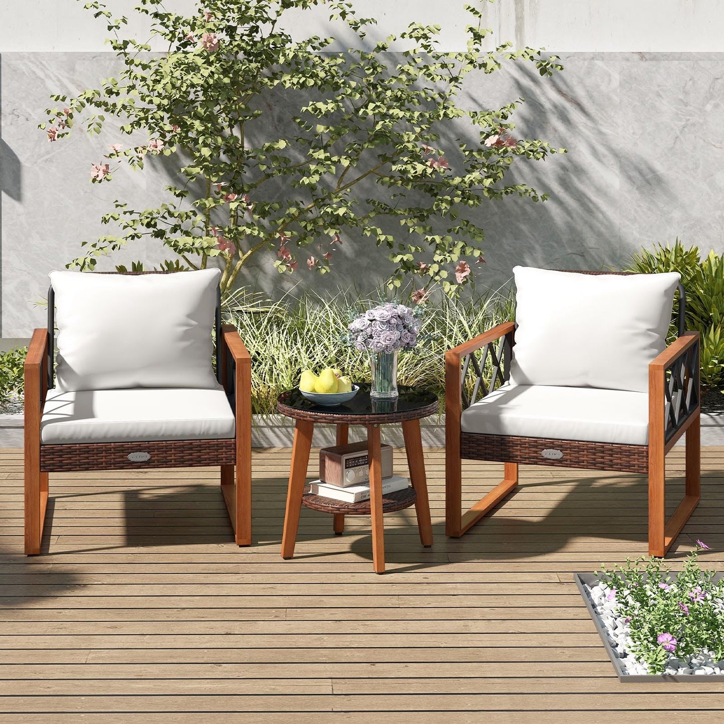 Ensemble de meubles de patio en osier Tangkula 3 pièces avec cadre en bois d'acacia
