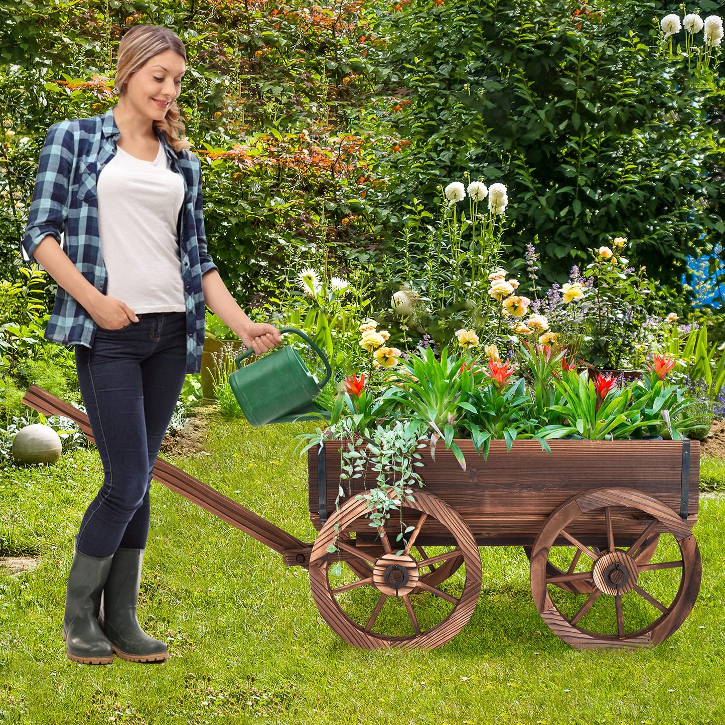 Tangkula Rustic Wooden Wagon Planter Box for Patio Garden Balcony (29.5" L x 17" W x 21" H)