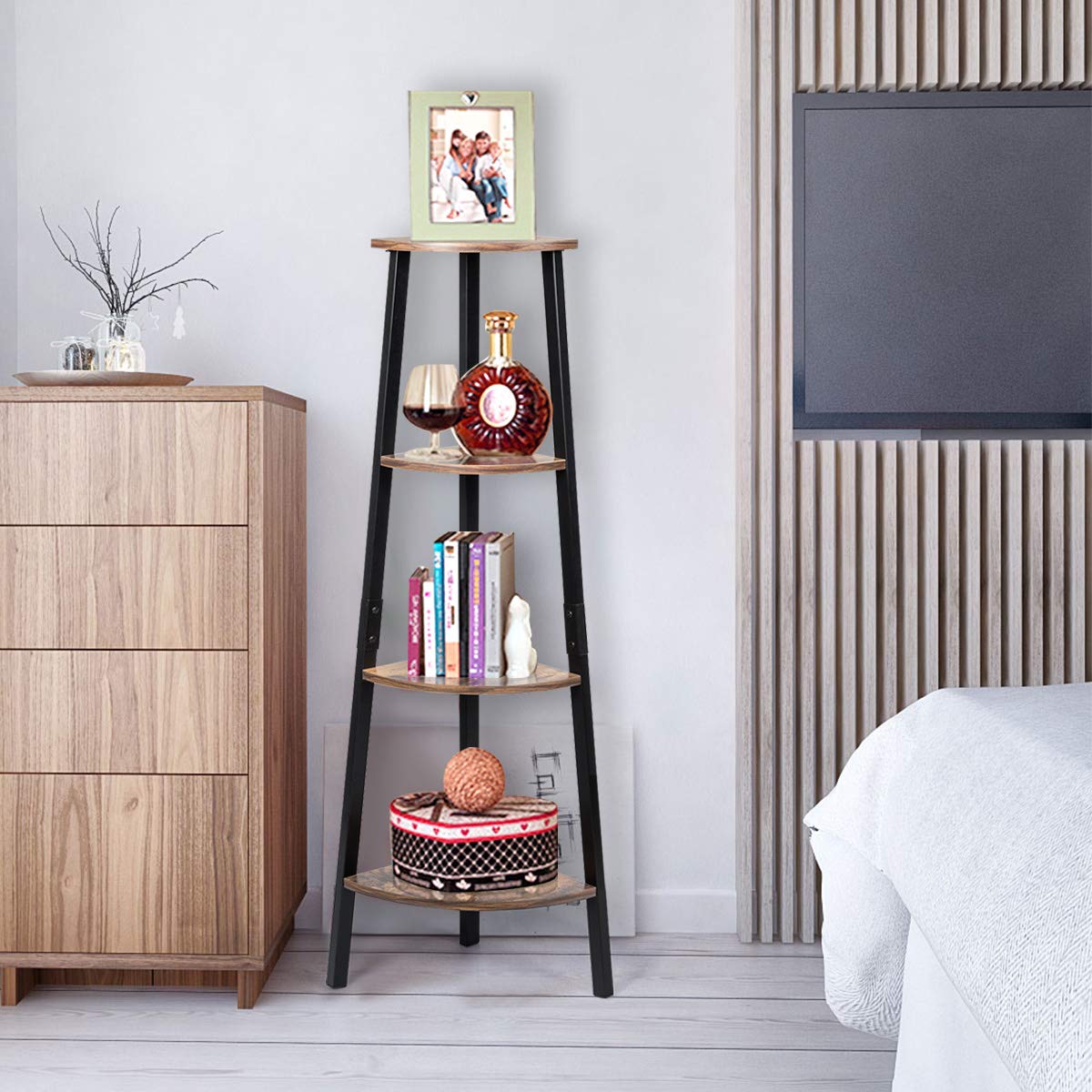 Industrial Corner Shelf, 4-Tier Ladder Bookshelf, Metal Frame Storage Rack