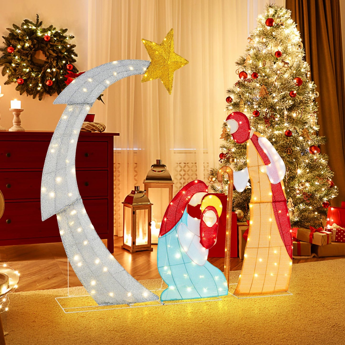 Tangkula 5 FT Lighted Christmas Nativity Scene Set, Outdoor Holy Family Decoration with 140 Warm White LED Lights