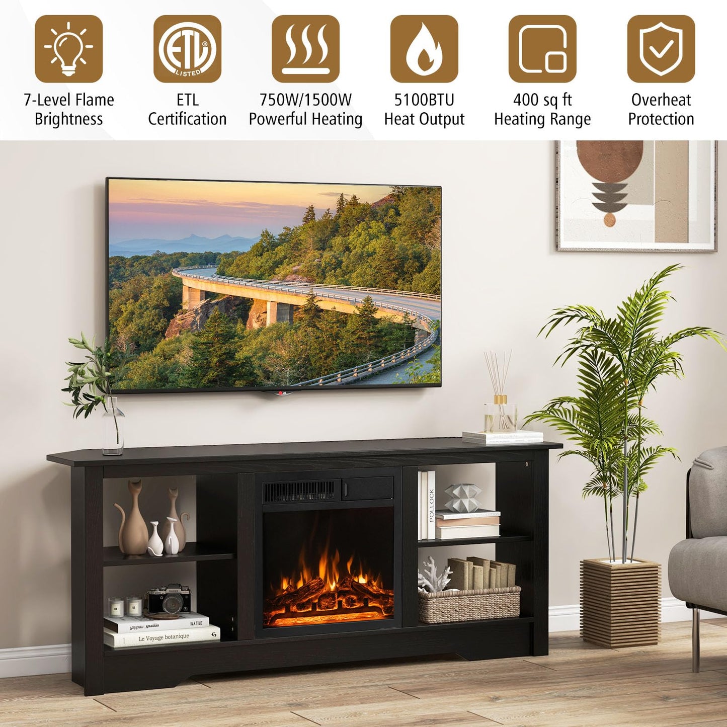 Tangkula Home Entertainment Center with 18” 1500W Electric Fireplace