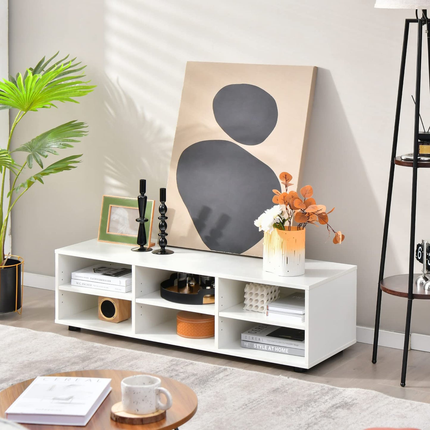 Tangkula 6 Cubby TV Stand for TVs up to 55 Inches, White Wood Entertainment Center with 6 Storage Cubbies & 5 Positions Adjustable Shelves