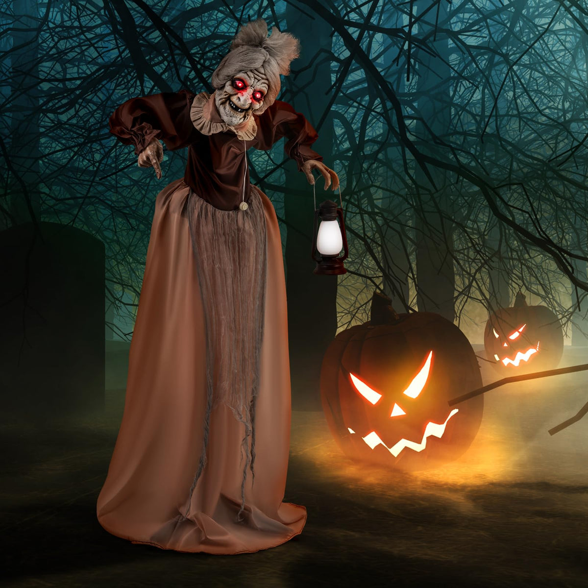 Tangkula Vieille Dame Animée d'Halloween de 1,5 m Tenant une Lanterne, Zombie Animatronique avec Yeux Rouges Lumineux à LED