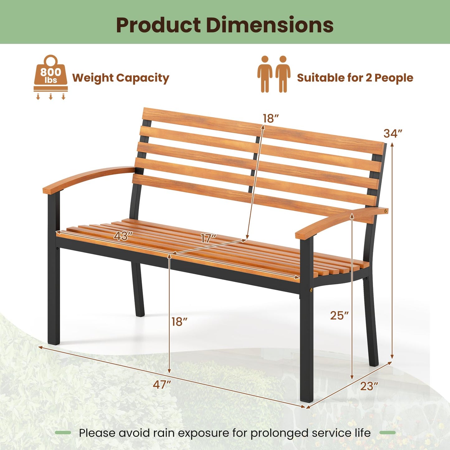 Banc d'extérieur Tangkula, causeuse de patio en bois d'acacia avec dossier et accoudoirs