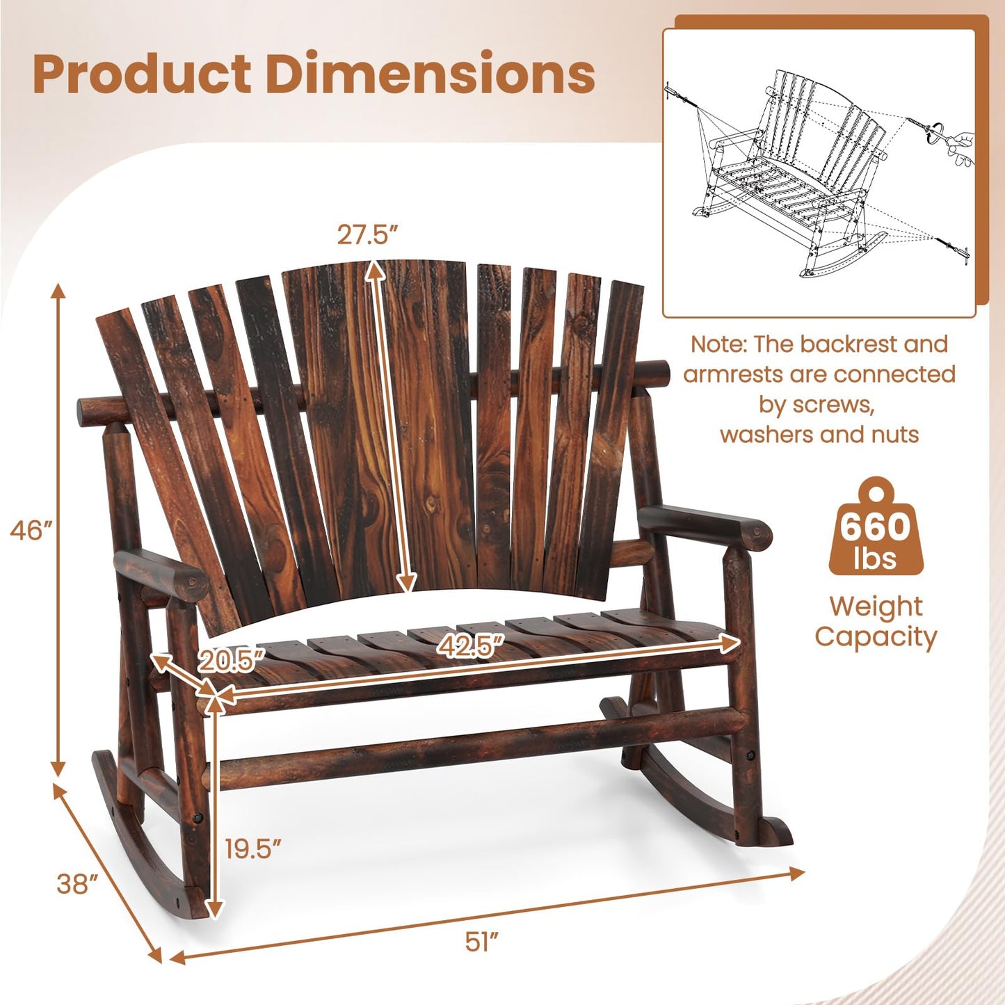 Tangkula 2-Person Wood Outdoor Rocking Chair