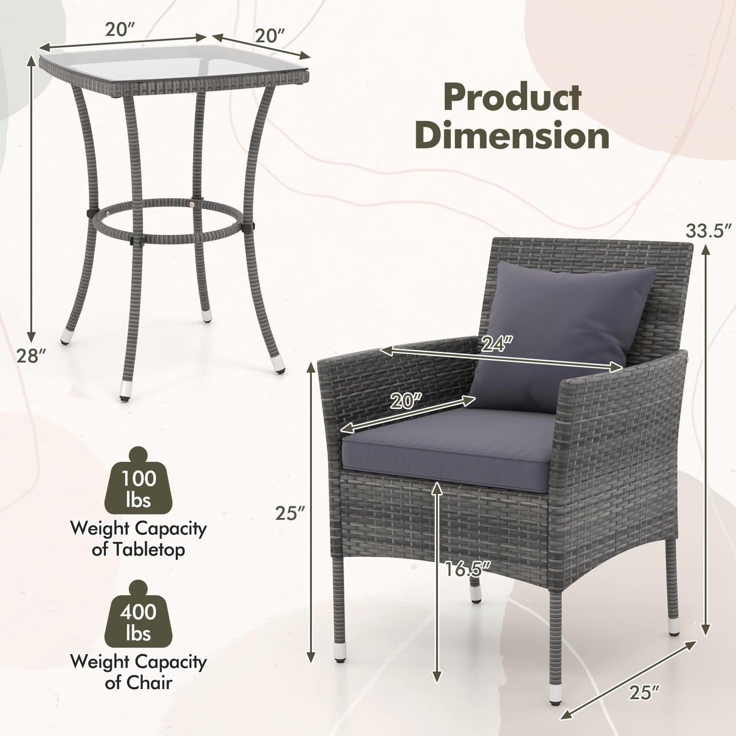 Tangkula 3-Piece Patio Furniture Set w/A Tempered Glass Table & 2 Cushioned Chairs