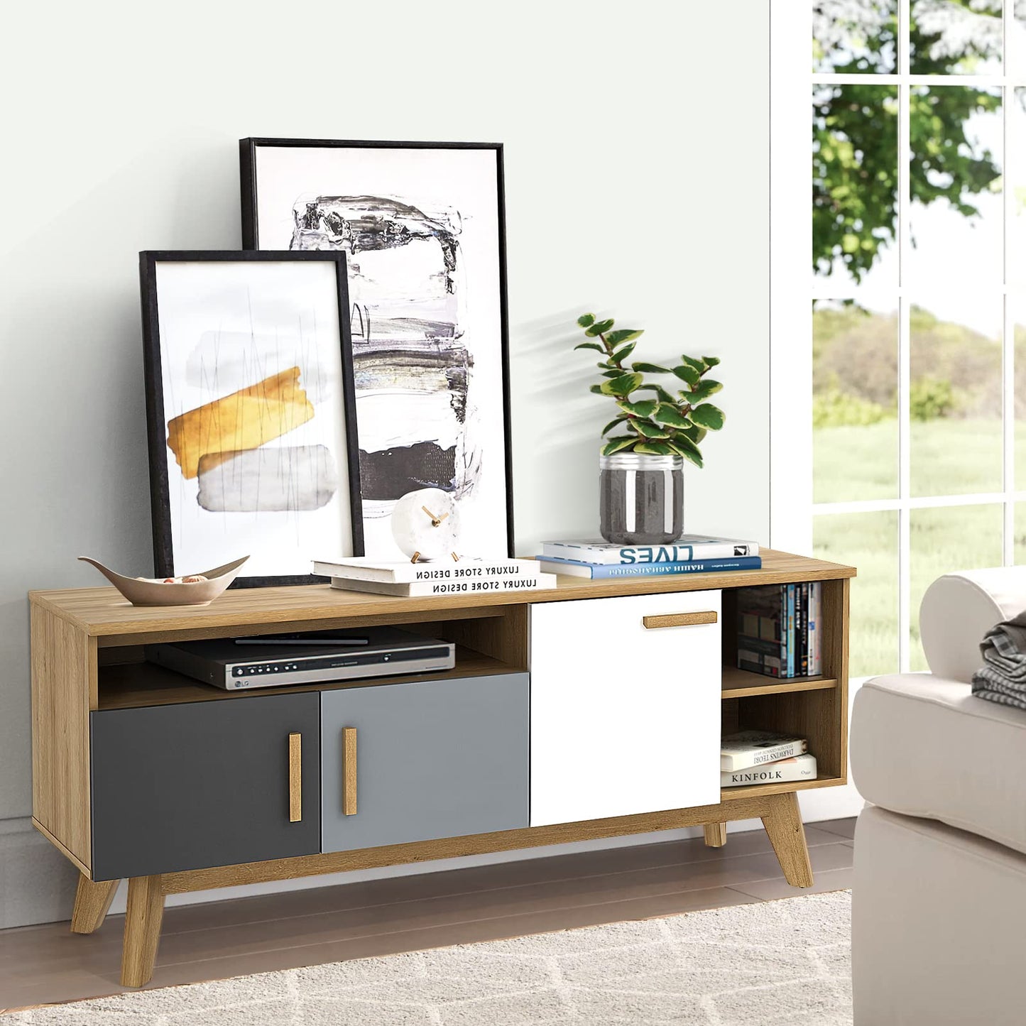 Tangkula Modern TV Stand, Wood TV Console Table for TVs up to 65 Inch, Entertainment Center with 3 Storage Cabinets (Natural)
