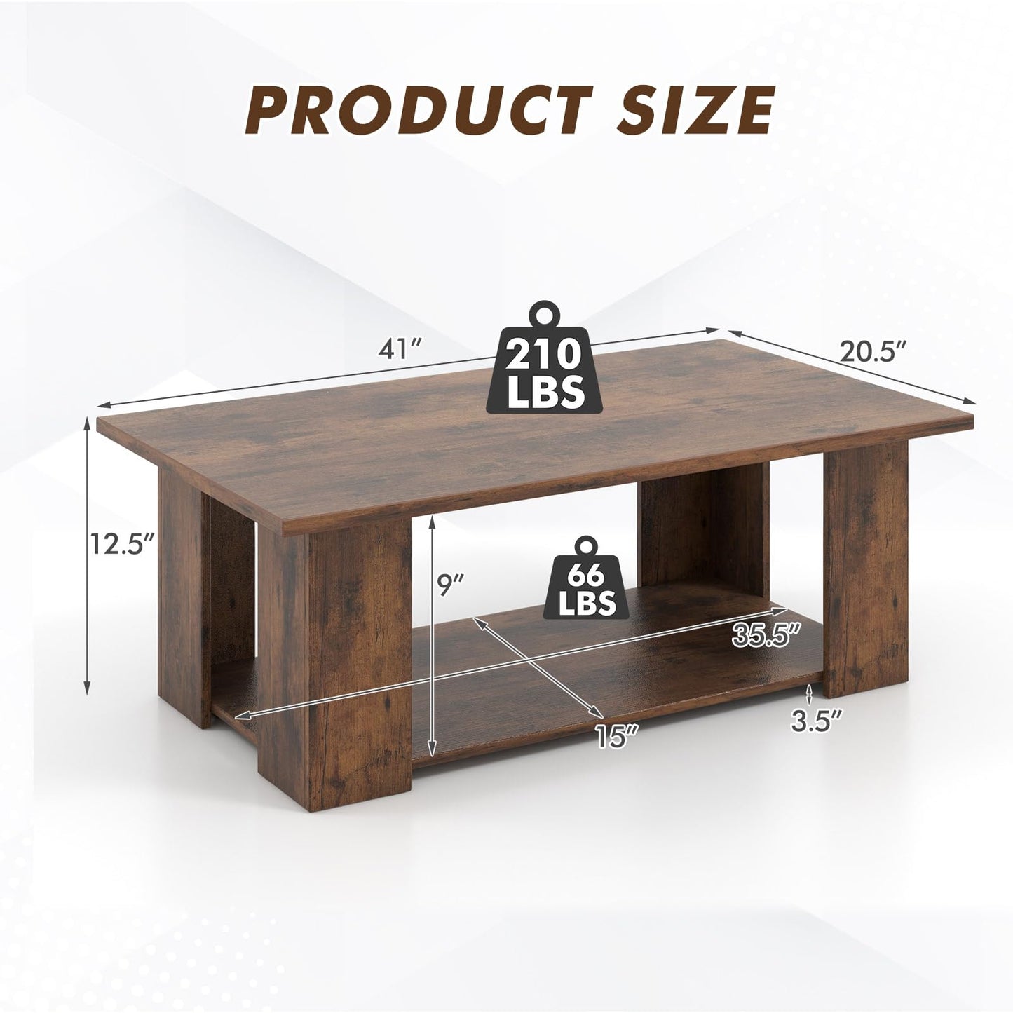 Tangkula 2-Tier Coffee Table, Modern Rectangular Center Cocktail Table with 5 Support Legs
