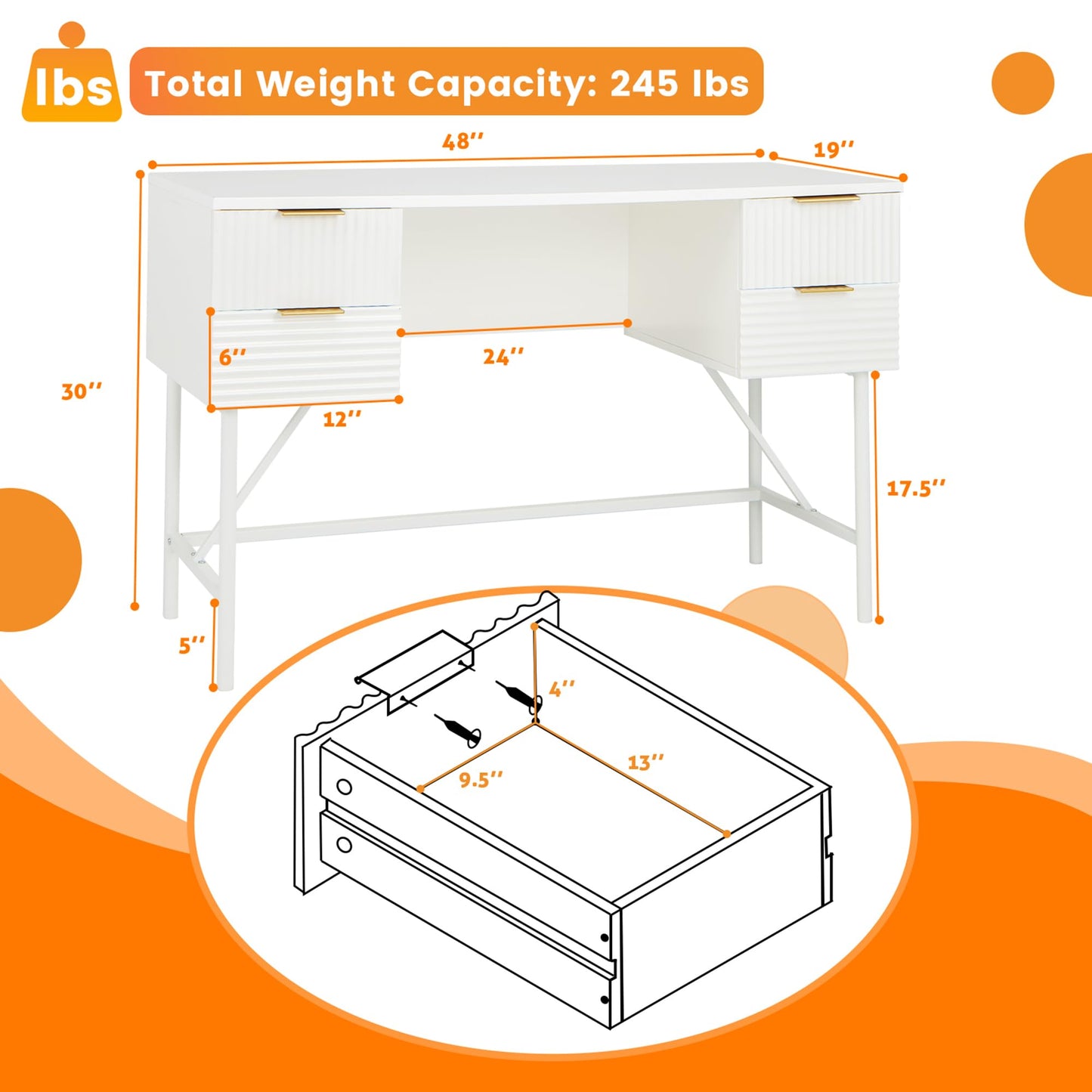 Tangkula White Desk with 4 Drawers, 48 Inch Home Office Desk with Storage, Writing Desk with Metal Frame for Bedroom, Study, Office