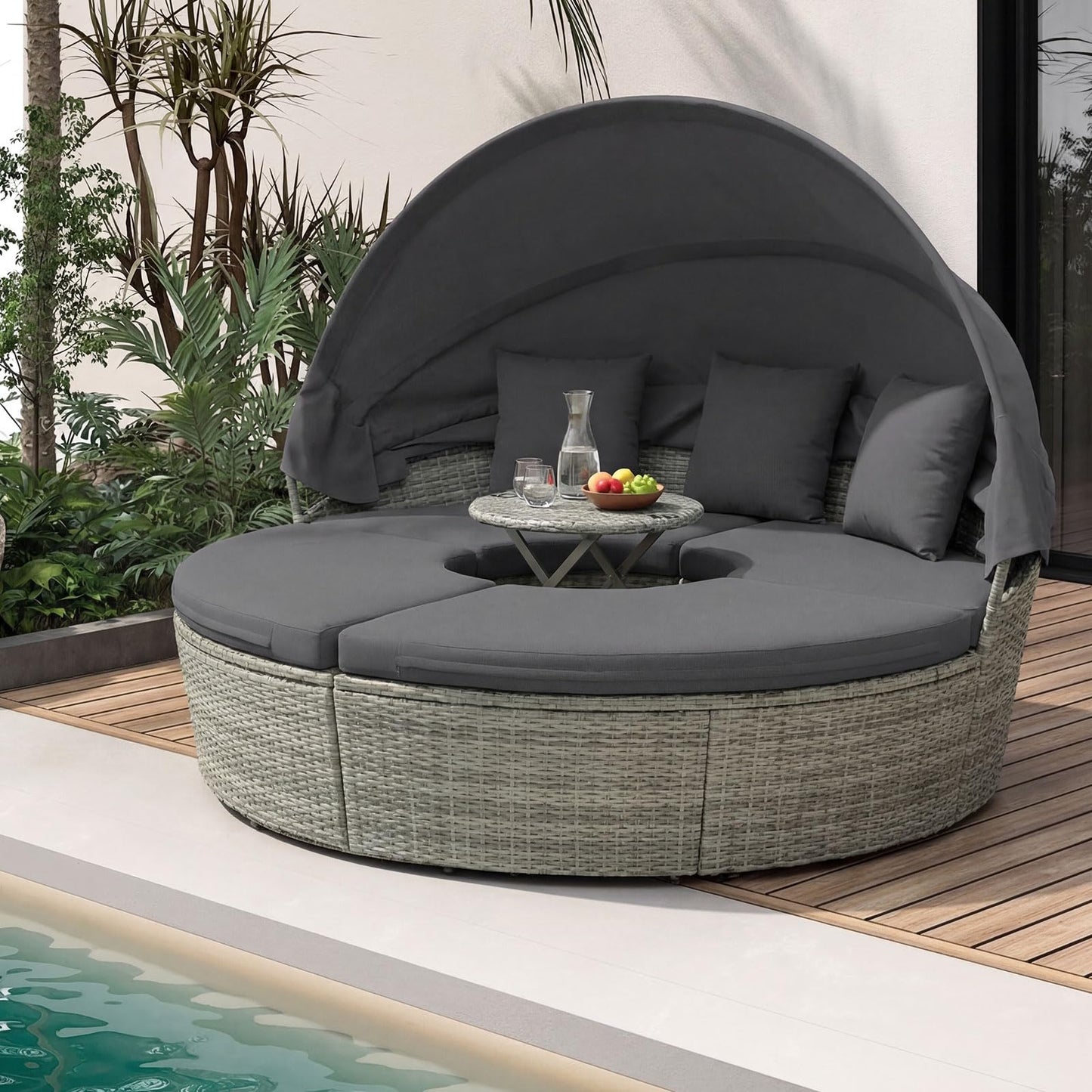 Tangkula Patio Round Daybed with Retractable Canopy