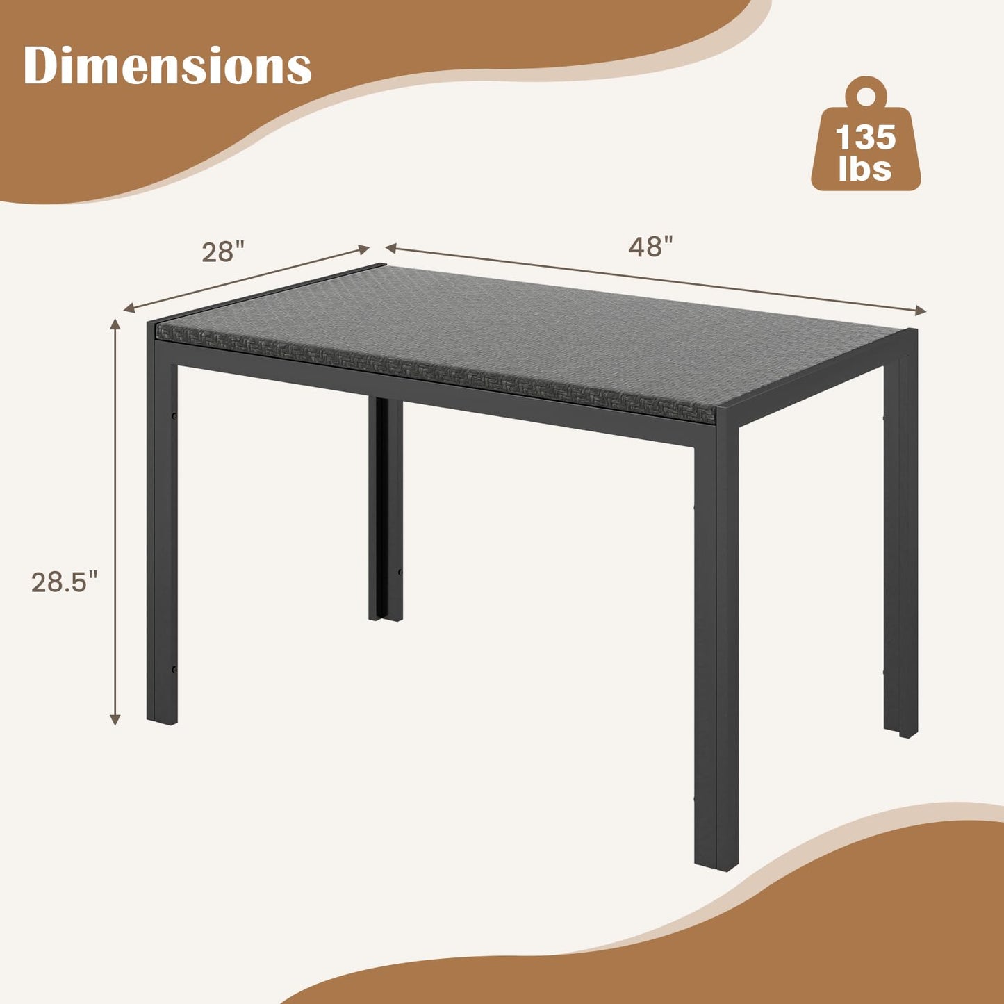 Table à manger rectangulaire en osier Tangkula pour 6 personnes, plateau en rotin de 48 pouces et cadre en métal robuste (marron mélangé)