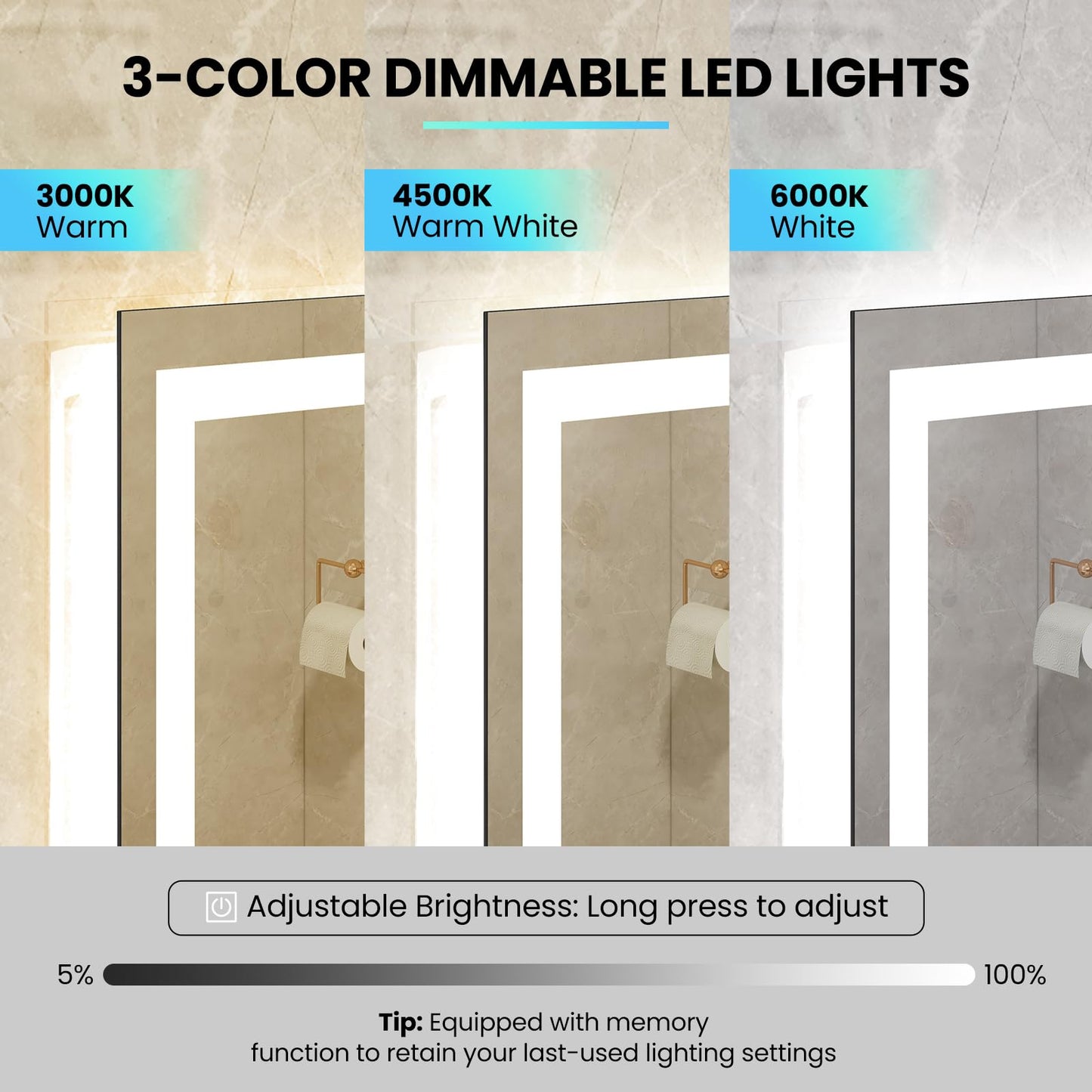 Tangkula LED Bathroom Mirror, Wall Mounted Rectangle Mirror w/ 3-Color Dimmable Lights, Time/Temp Display, Anti-Fog