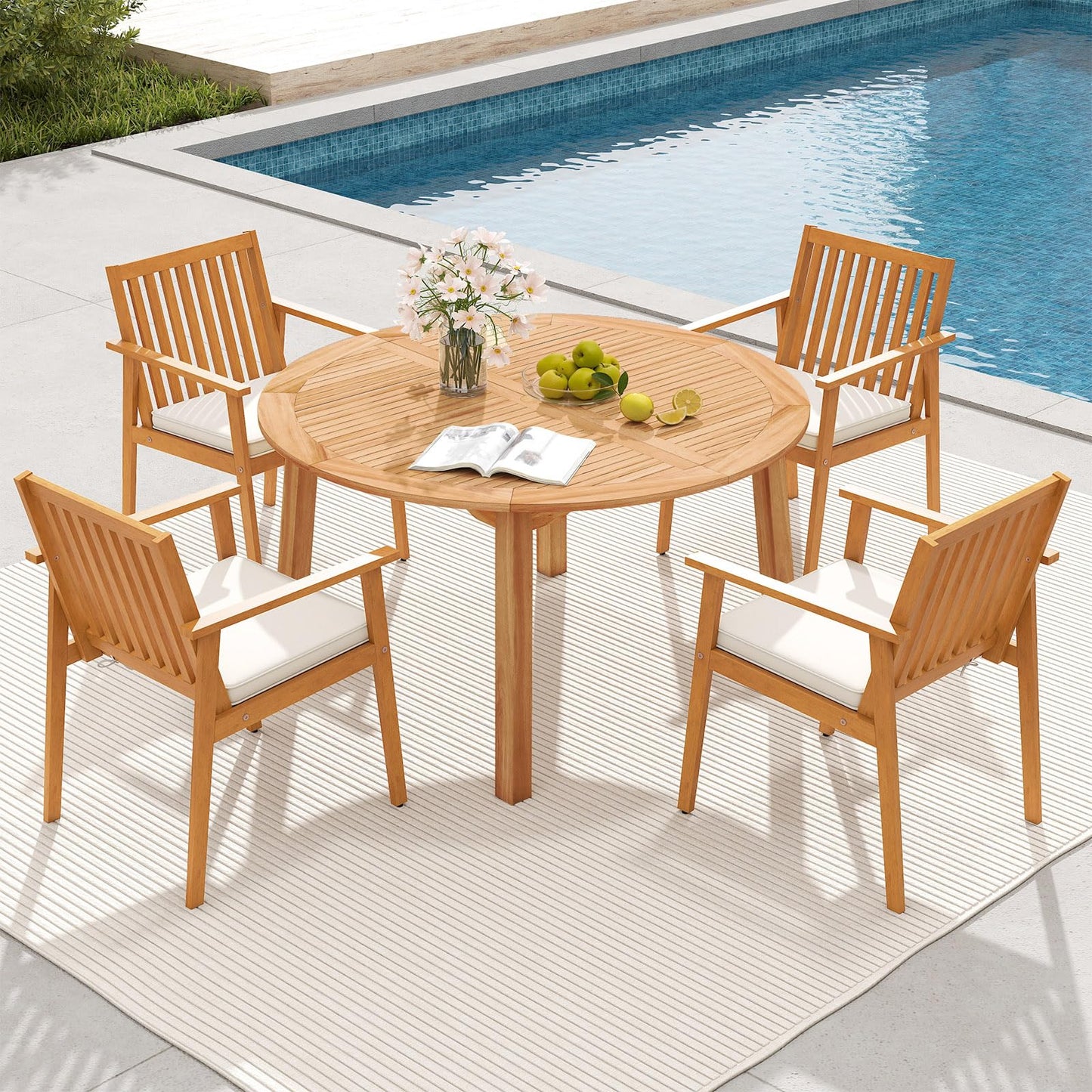 Tangkula 5 Pieces Wood Round Patio Dining Set with Umbrella Hole and Soft Cushion