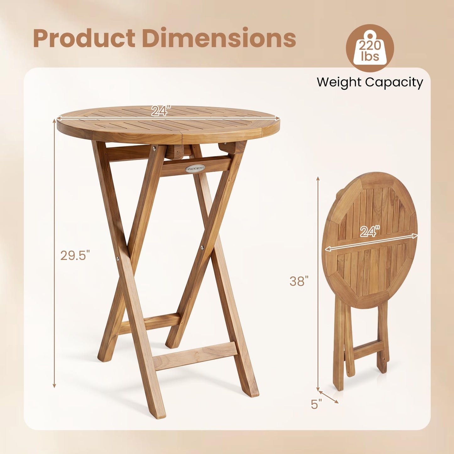 Tangkula 24” Round Solid Teak Outdoor Folding Bistro Table