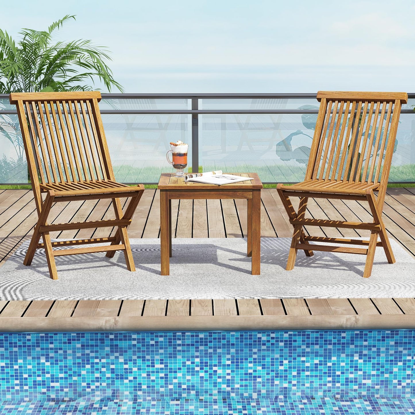Tangkula Ensemble de bistrot 3 pièces en teck avec 2 chaises pliantes pour extérieur