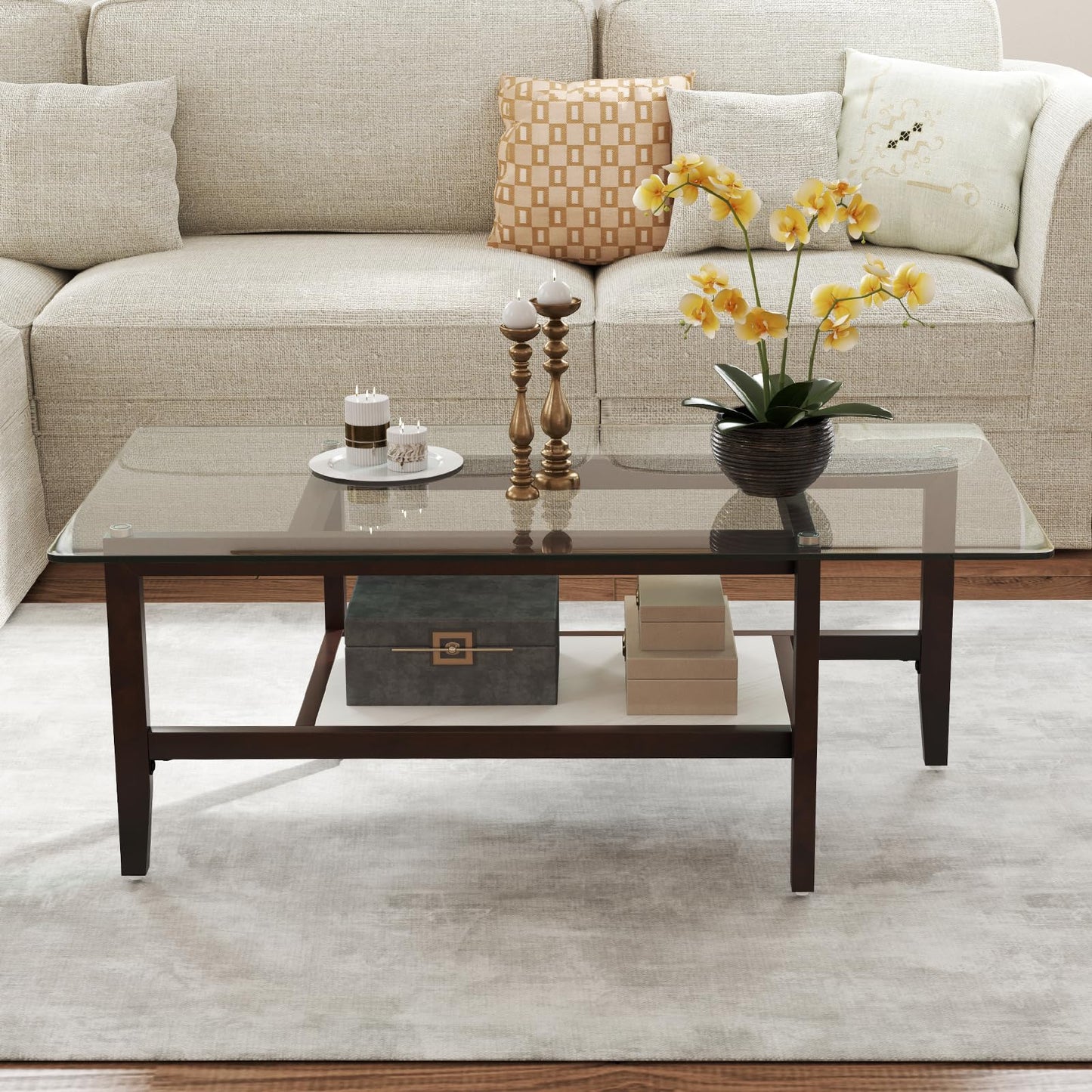 Tangkula Table basse rectangulaire à 2 niveaux de 106,7 cm avec étagère de rangement et pieds en bois d'hévéa massif