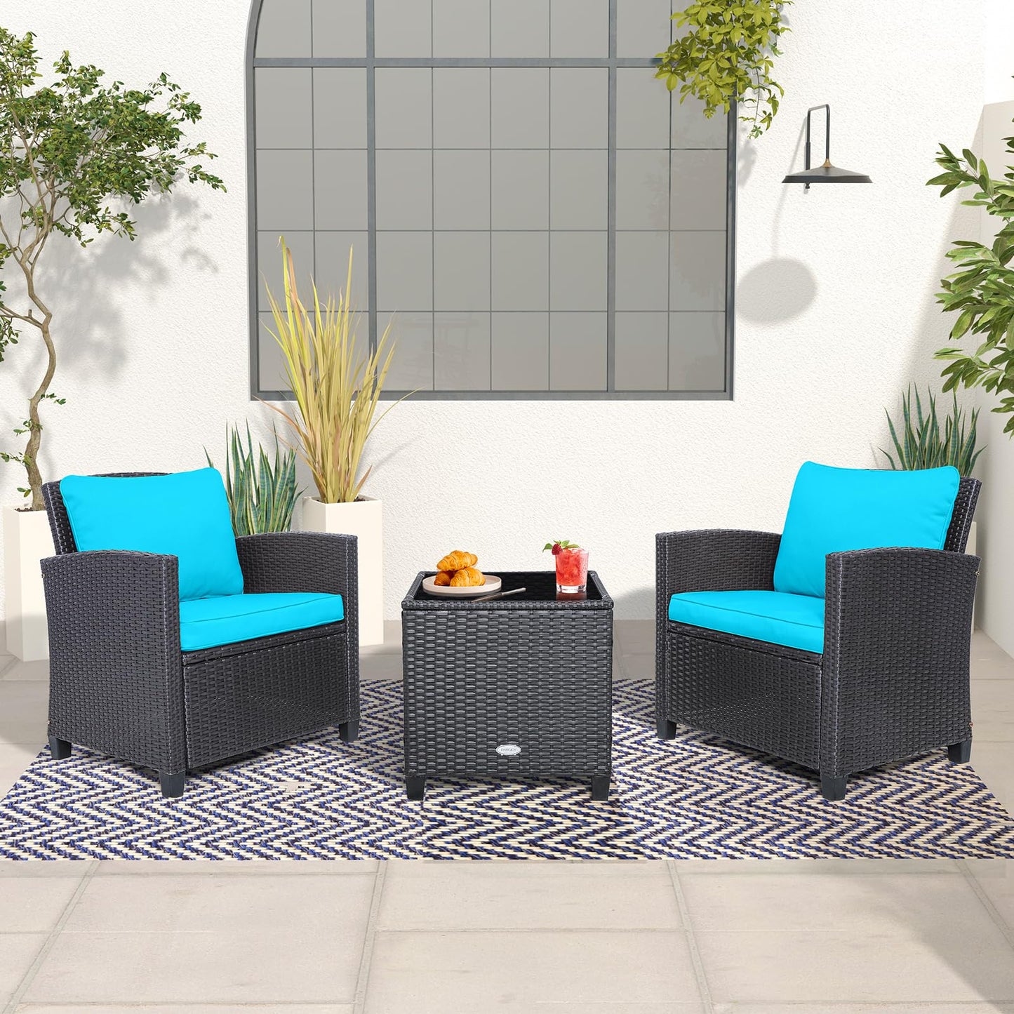 Tangkula 3 Pieces Patio PE Wicker Furniture Set with 4 Bonus Cushion Covers