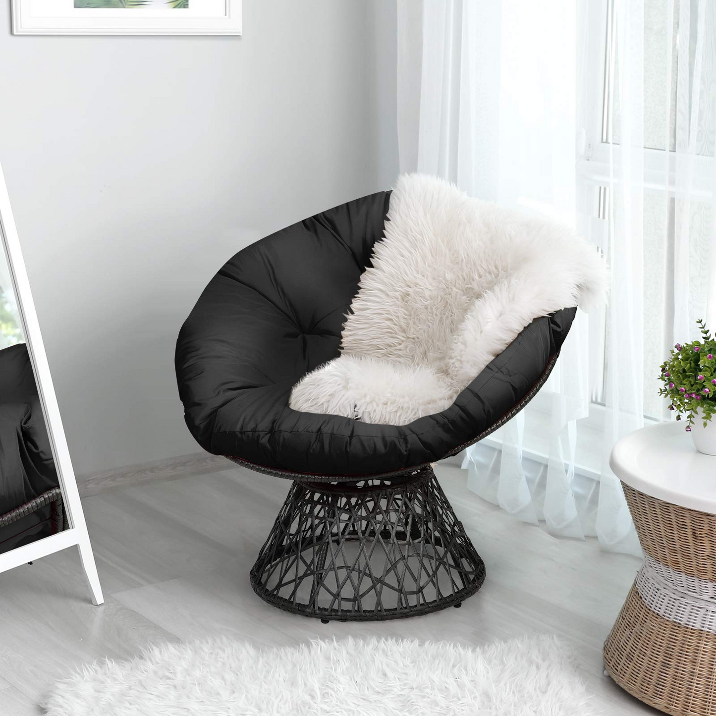 Tangkula Papasan Chair Rattan Ergonomic Chair w/ 360-degree Swivel and Soft Cushion, Solid Structure & Stable Base