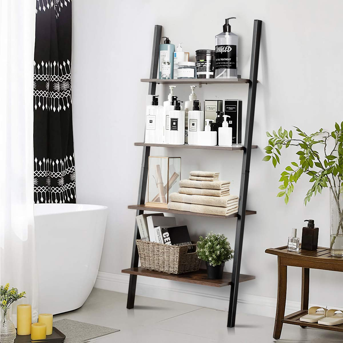 Tangkula Industrial 4-Tier Ladder Shelf, Against The Wall Bookcase for Living Room & Office