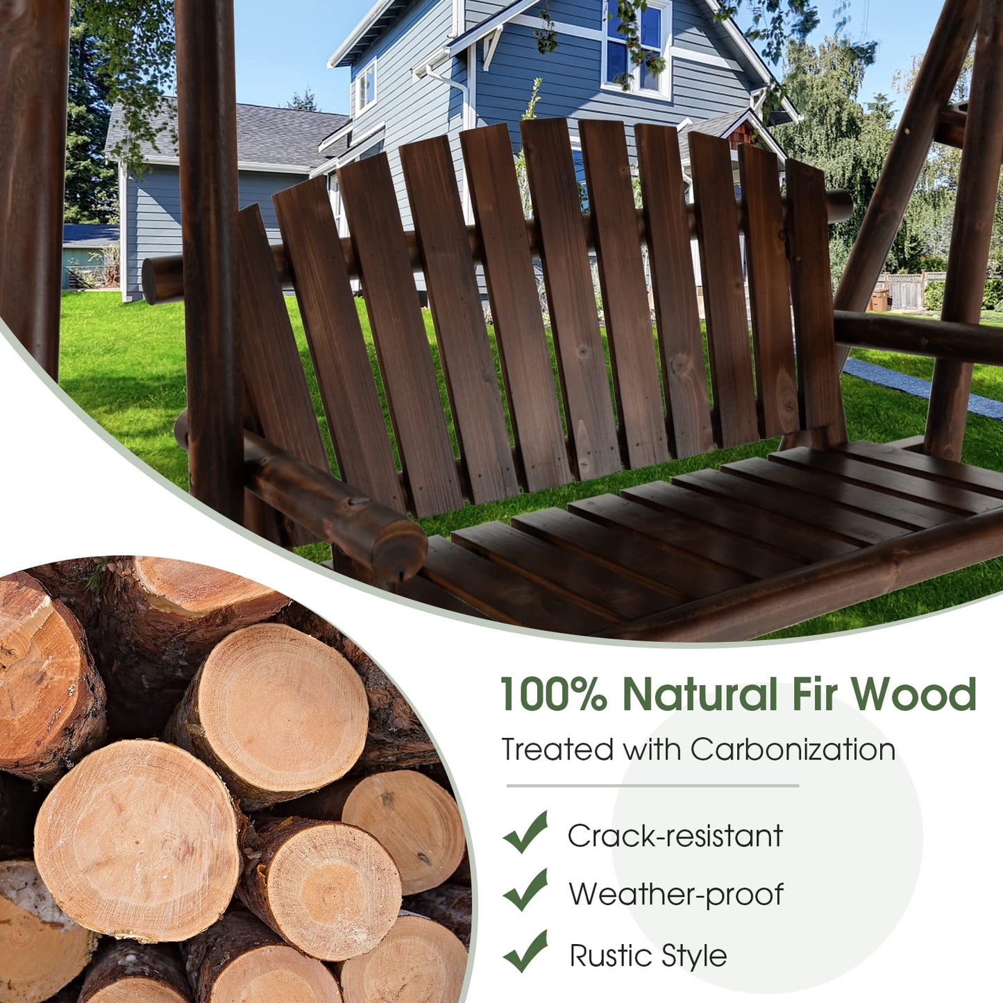 Tangkula Wooden Porch Swing 2 Person A-Frame