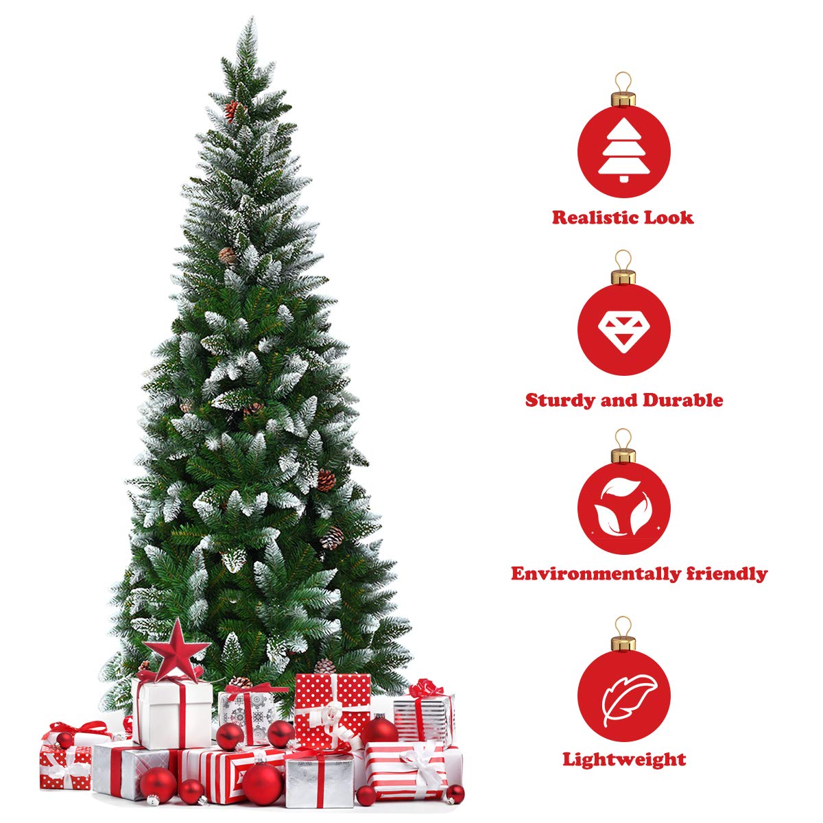 TANGKULA Artificial Pencil Christmas Tree with Pine Cones and Metal Stand