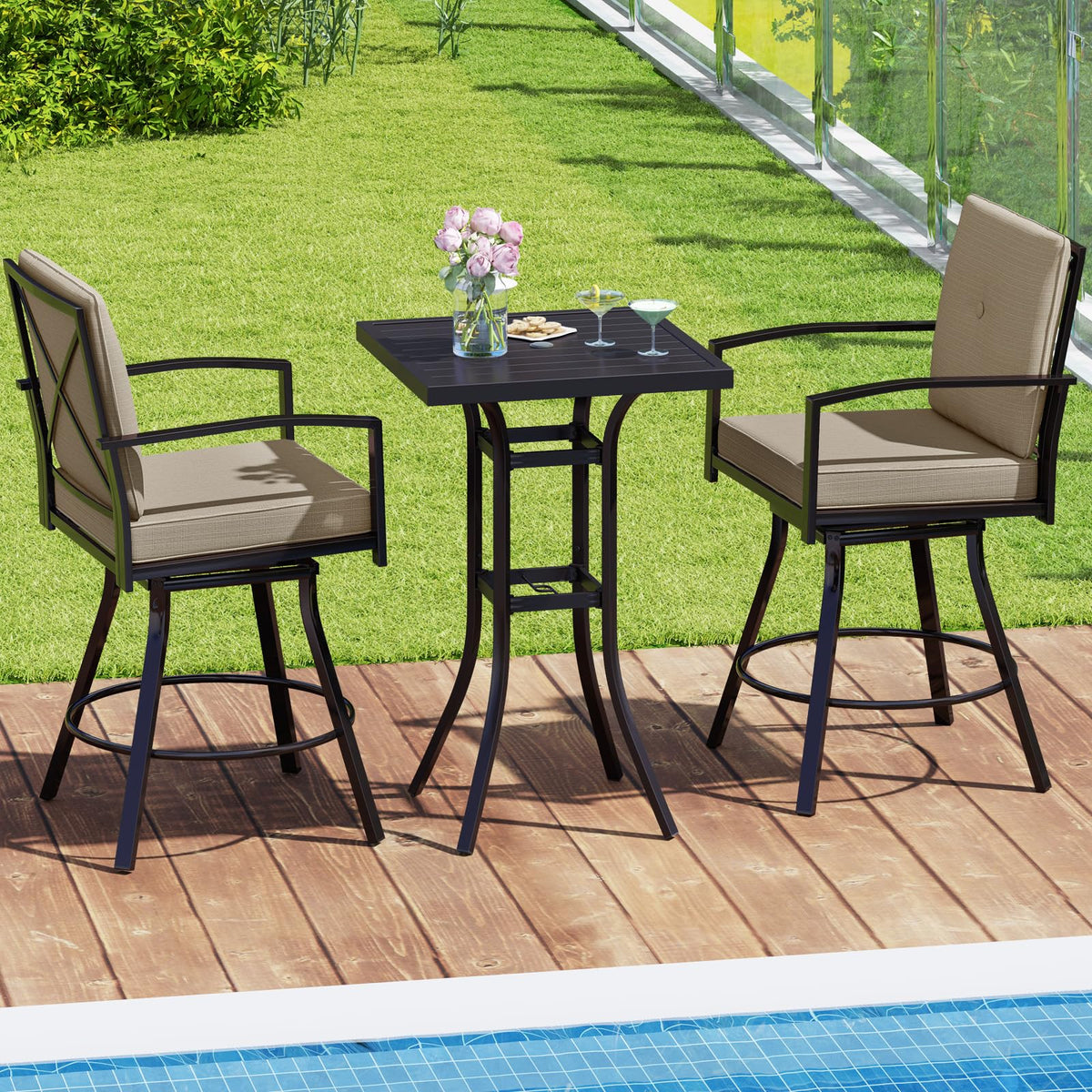 Tangkula 3 Pieces Patio Swivel Bar Set Outdoor Metal Bar Table and Chairs Set