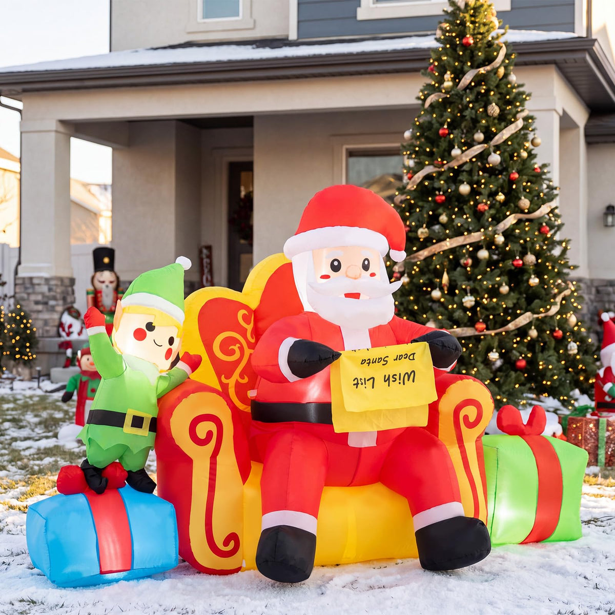 Tangkula Christmas Inflatable Santa Claus on Sofa with Elf & Gift Boxes