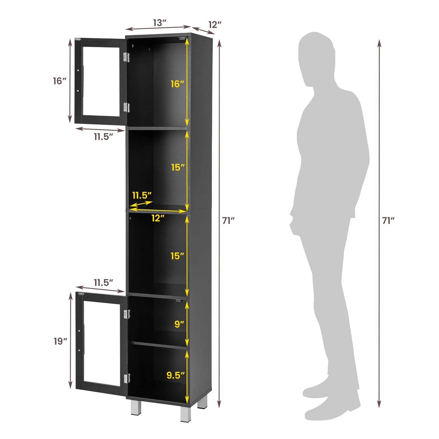Tangkula Tall Bathroom Cabinet, Home Bedroom Living Room Wood Linen Storage Cabinet Free Standing