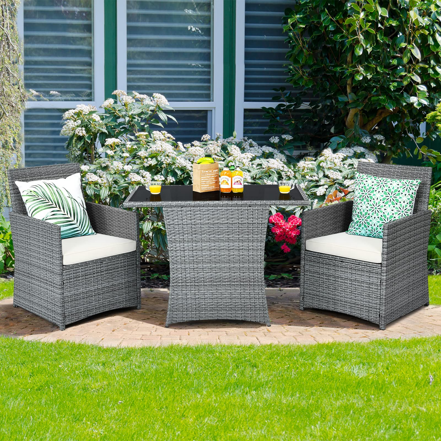 3 Pieces Patio Dining Set, Patiojoy Space-Saving PE Rattan Bistro Set with Tempered Glass Top Table and Cushioned Chairs