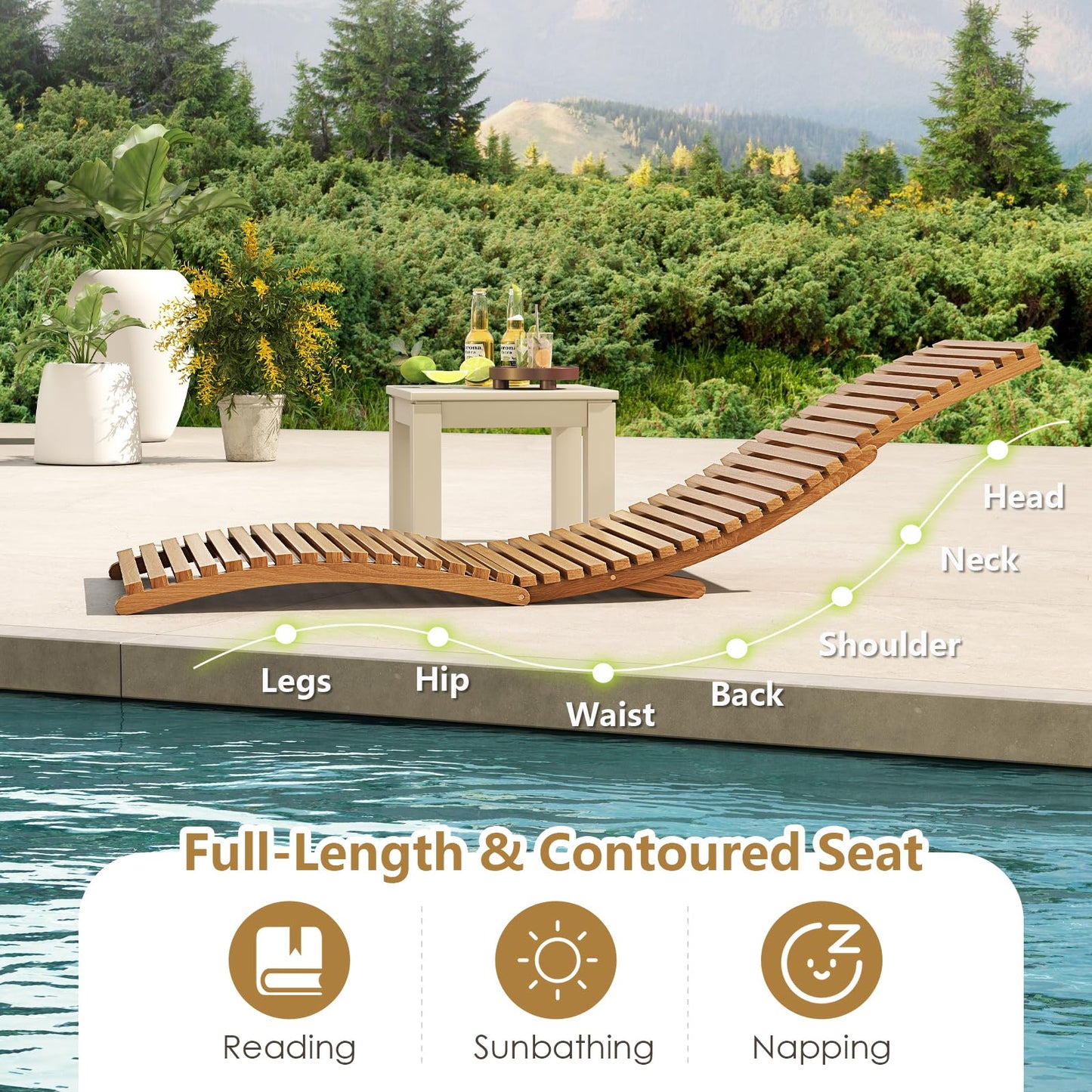 Tangkula Teak Wood Patio Folding Chaise Lounge Chair with Slatted Seat