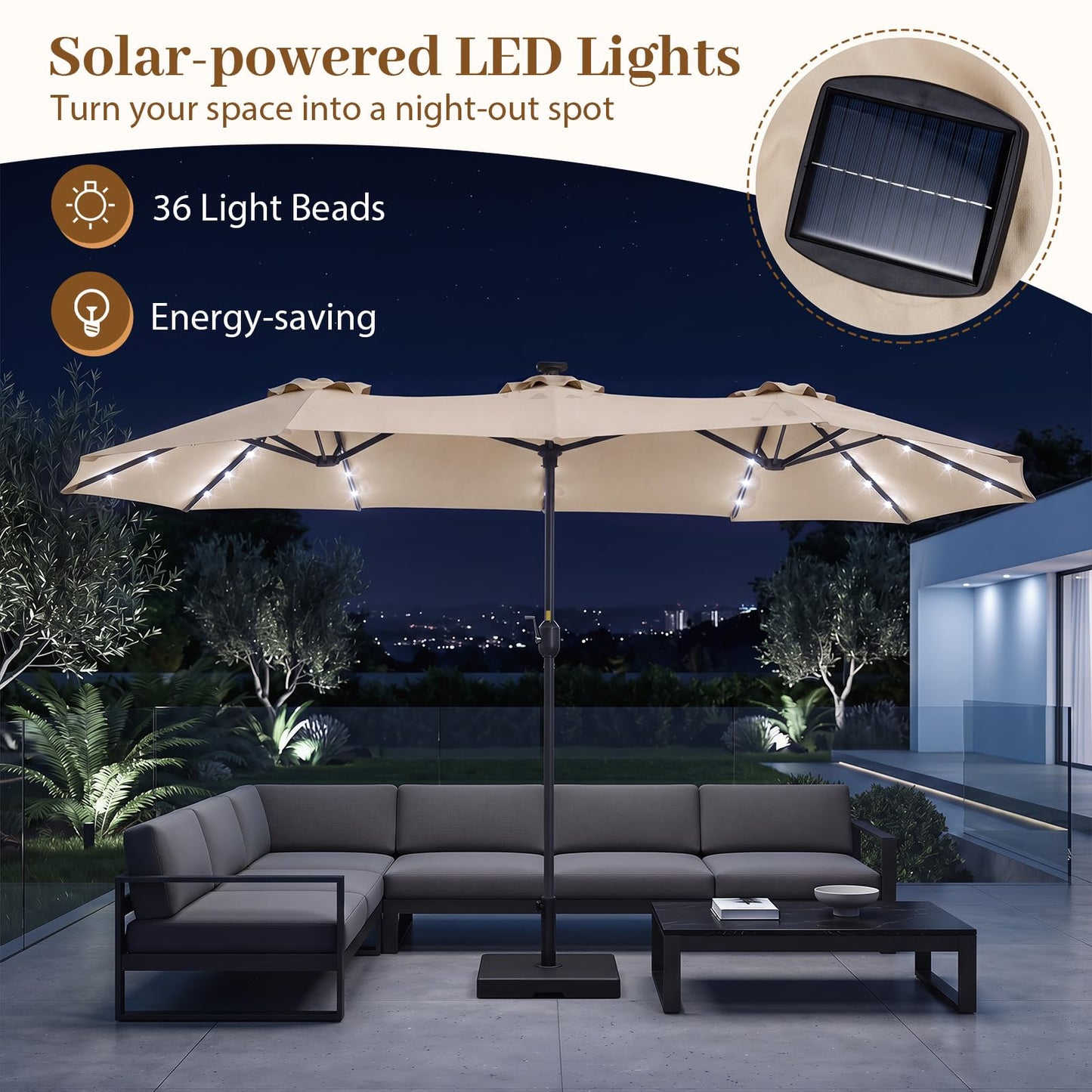 Tangkula 13 Ft Double-Sided Extra Large Outdoor Market Table Umbrella with 36 LED Lights