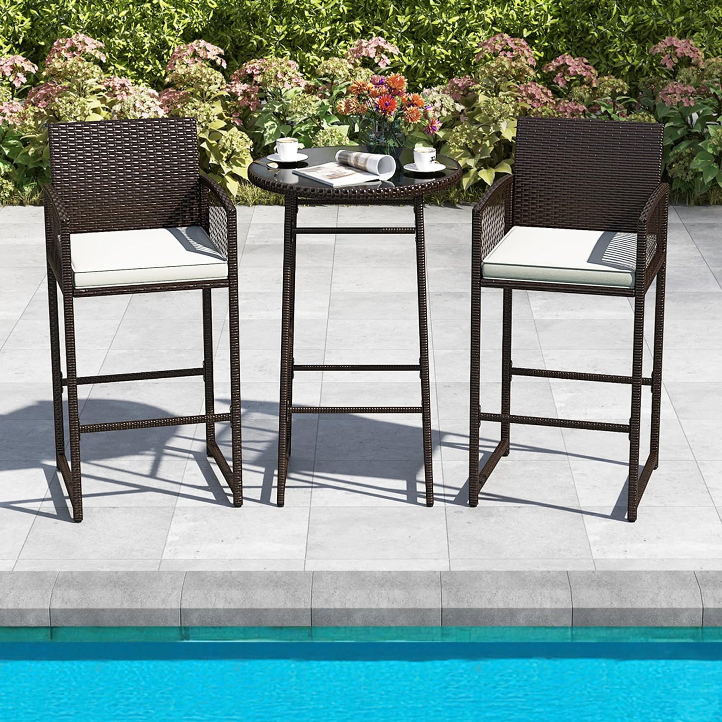 Tangkula Outdoor Wicker Bar Height Glass Top Table & 2 Cushioned Bartools Heavy Duty