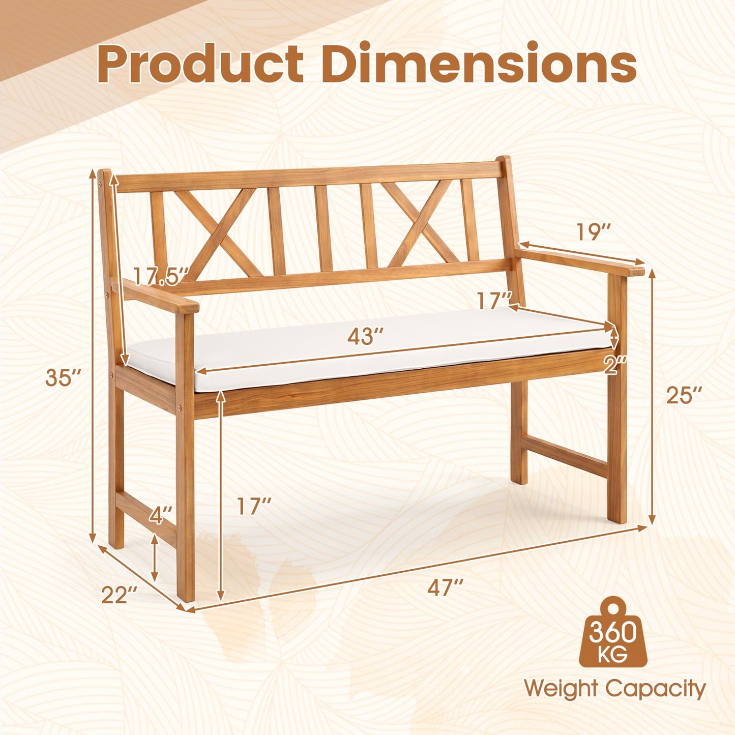 Tangkula 2-Person Acacia Wood Outdoor Bench with Cushion