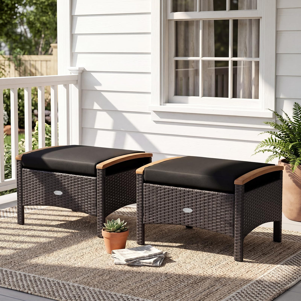 Tangkula 2 Piece Patio Rattan Ottomans, Outdoor Wicker Footstool