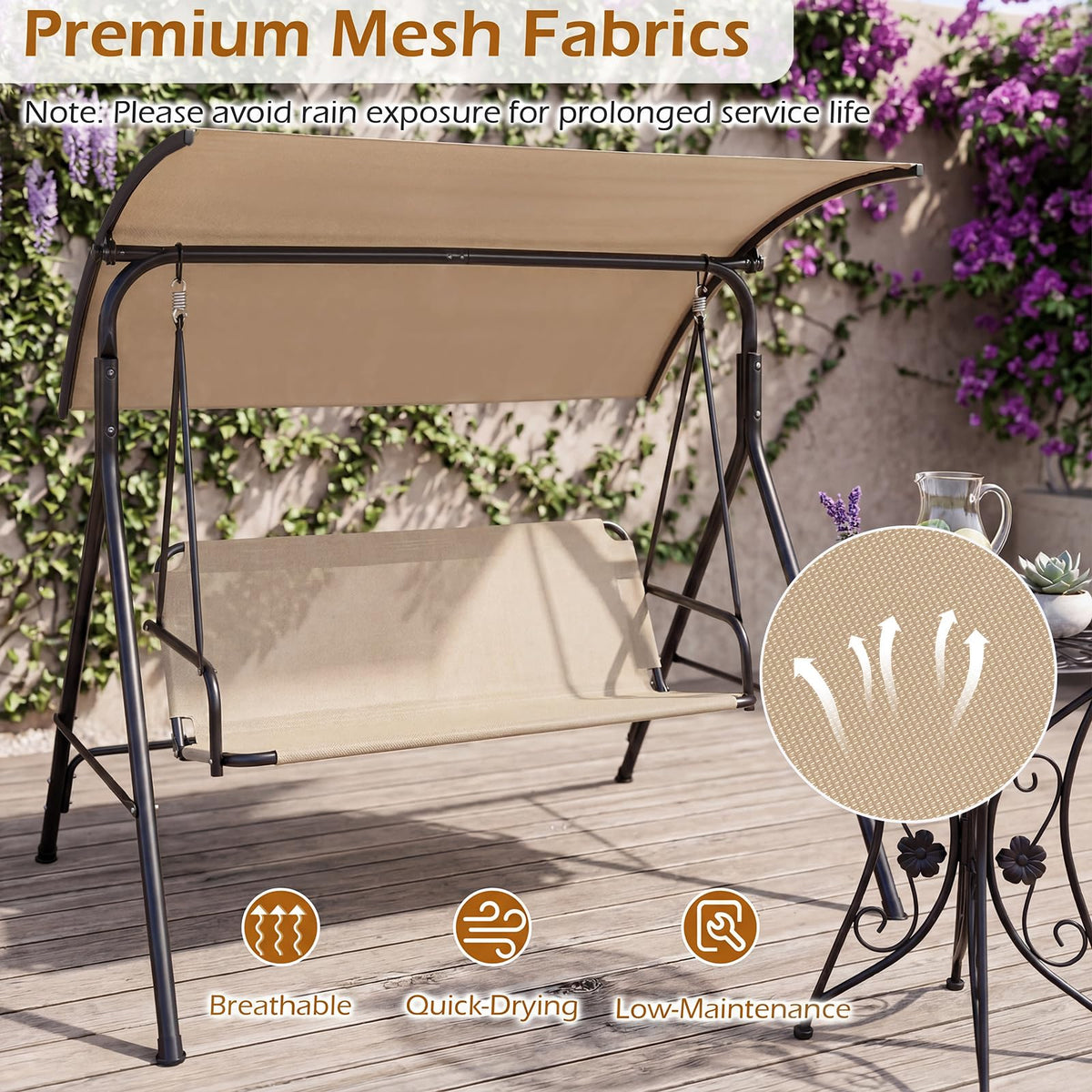 Tangkula 3 Seat Outdoor Patio Swing Chair with Breathable Mesh Fabrics