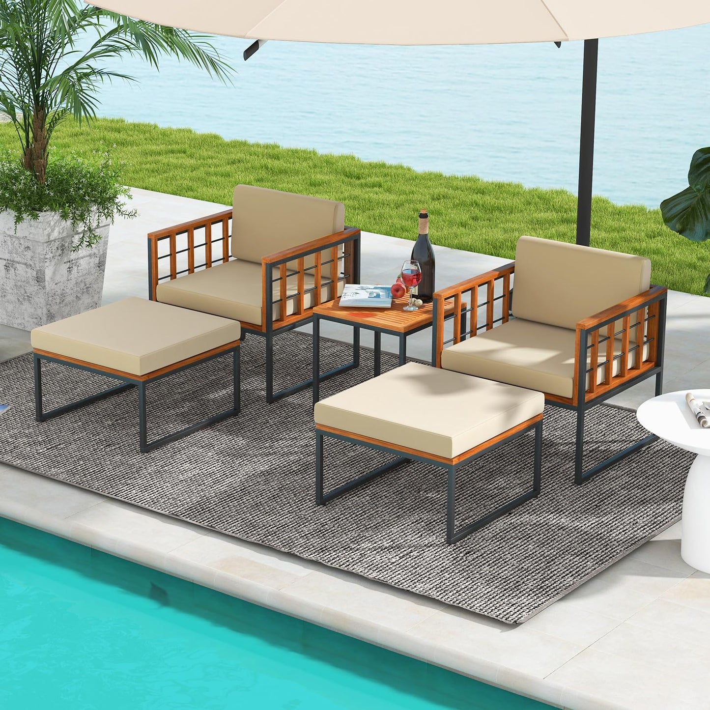 Tangkula 5 Pieces Acacia Wood Patio Furniture Set with Ottomans, Outdoor Conversation Set