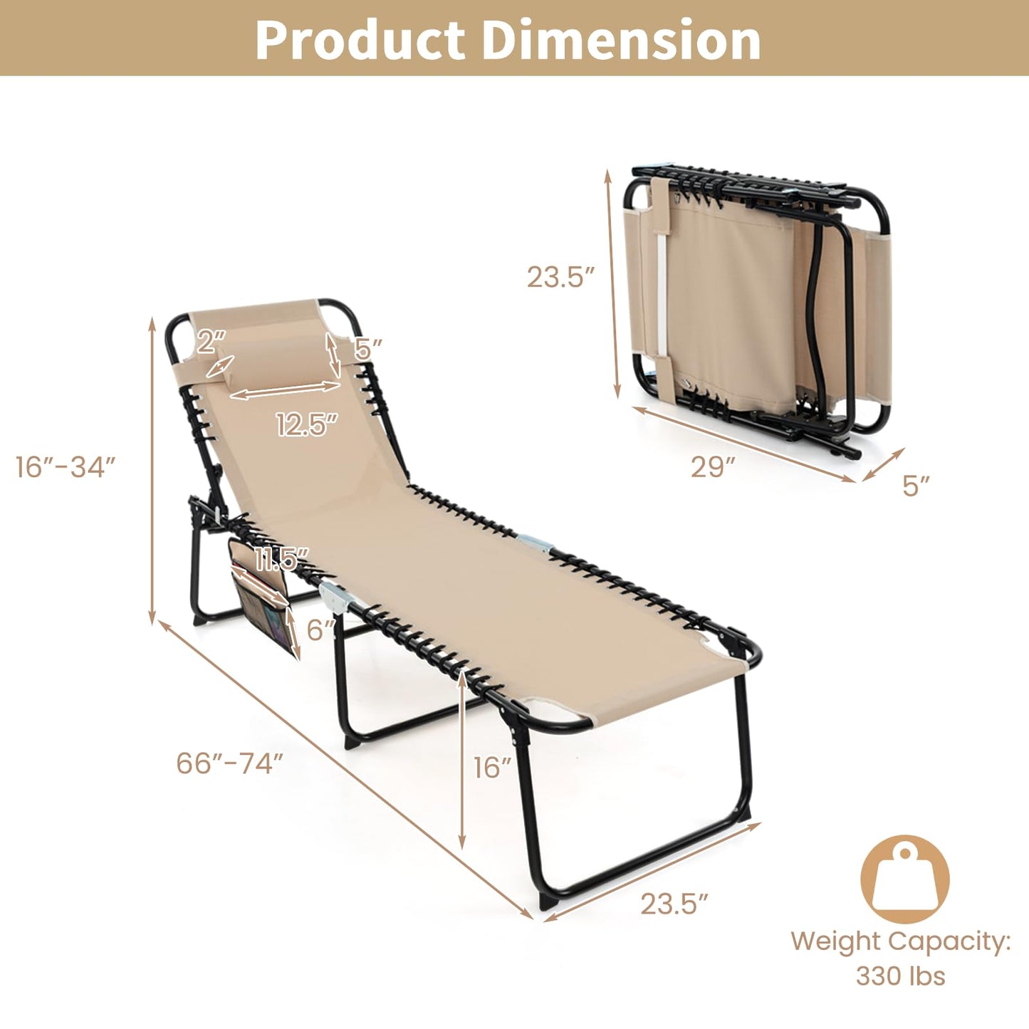 Tangkula Foldable Beach Lounge Chair for Outdoor, Reclining Chair with Removable Headrest