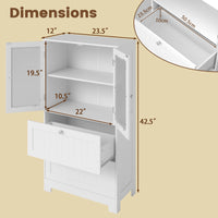 Tangkula Bathroom Floor Storage Cabinet with 2 Drawers & 2 Frosted Glass Doors