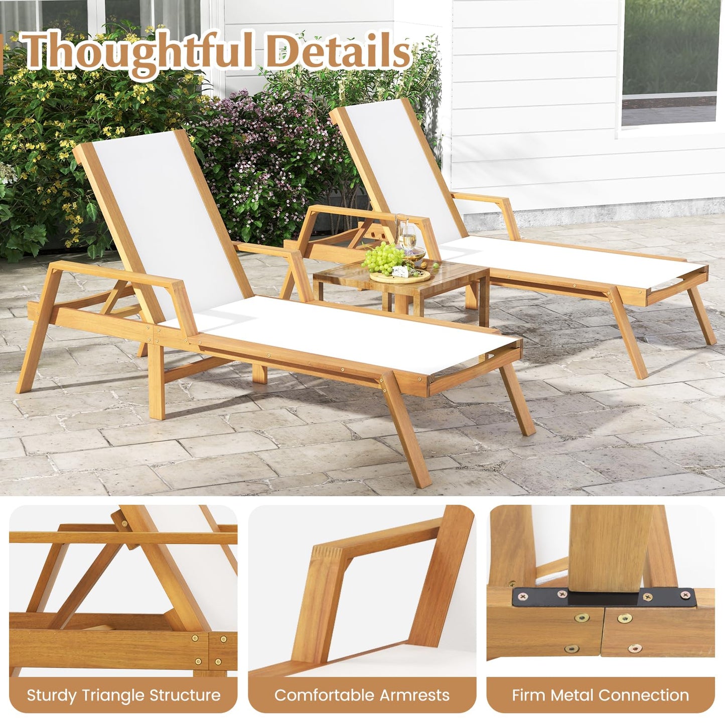 Tangkula Patio Chaise Lounge Chair, 5 Position Adjustable Acacia Wood Patio Lounger
