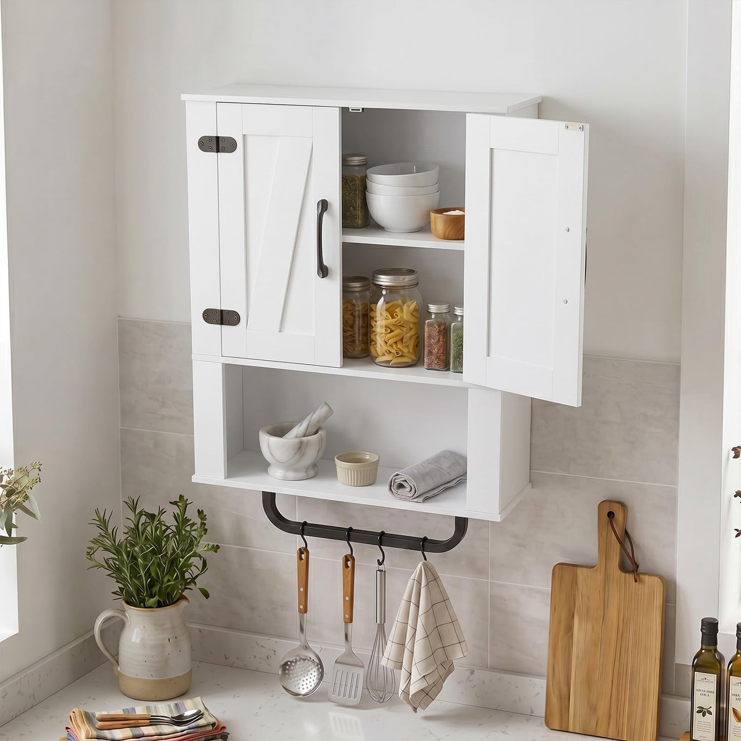 Tangkula Bathroom Wall Cabinet with 2 Barn Doors & Metal Towel Bar