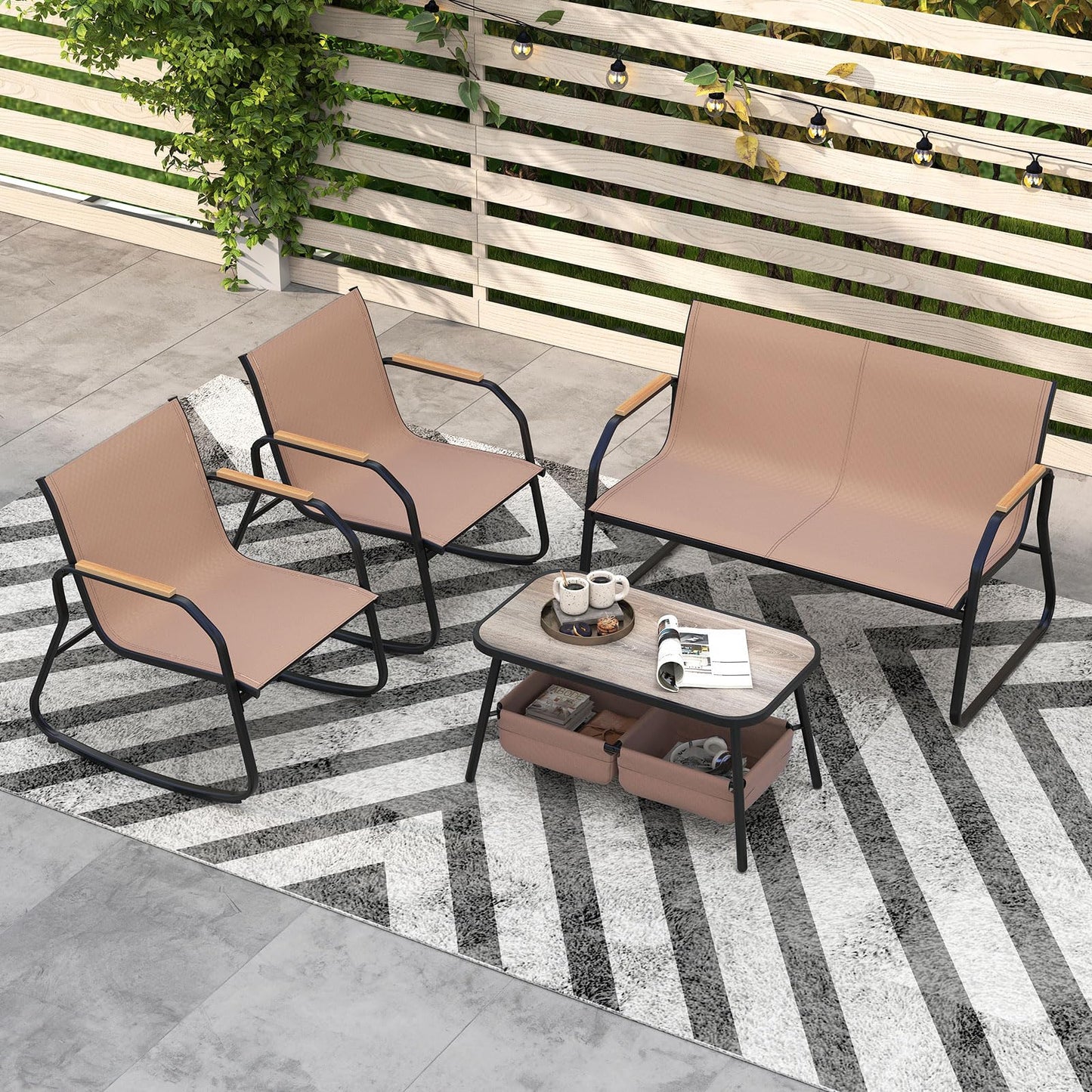 Ensemble de mobilier de patio Tangkula 4/8 pièces, table basse à 2 niveaux et chaises en tissu respirant