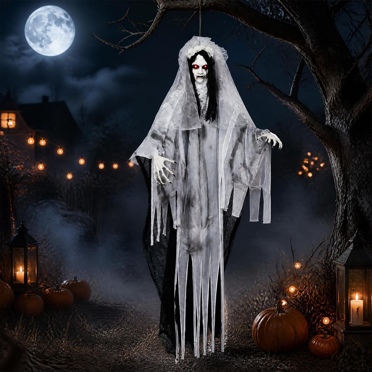 Tangkula 6 FT Animated Halloween Ghost Bride Decoration with Lighted Eyes